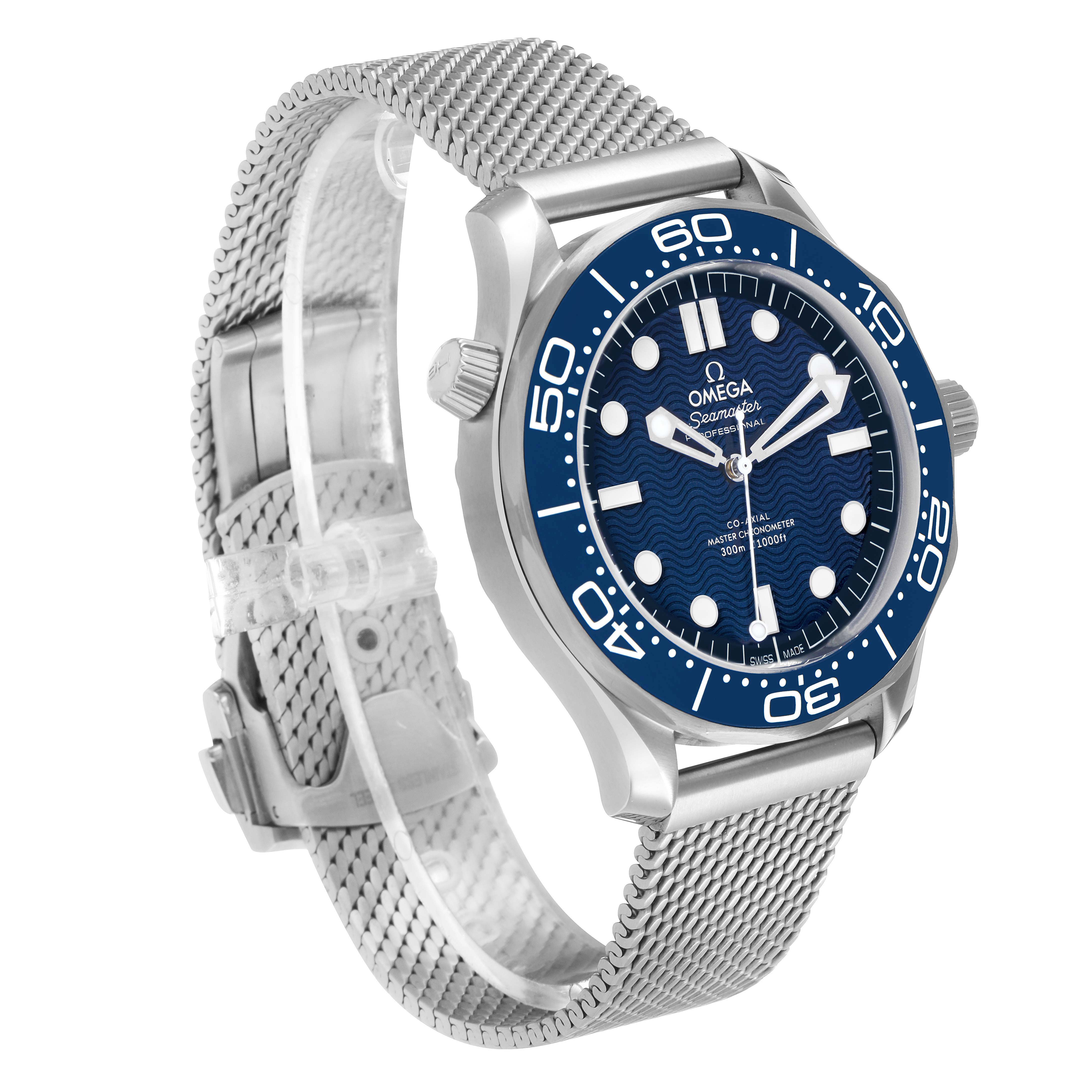 The Omega Seamaster 210.30.42.20.03.002 Men's Stainless Steel Blue Dial watch is shown at a three-quarter angle, highlighting its dial, bezel, case, and mesh strap.